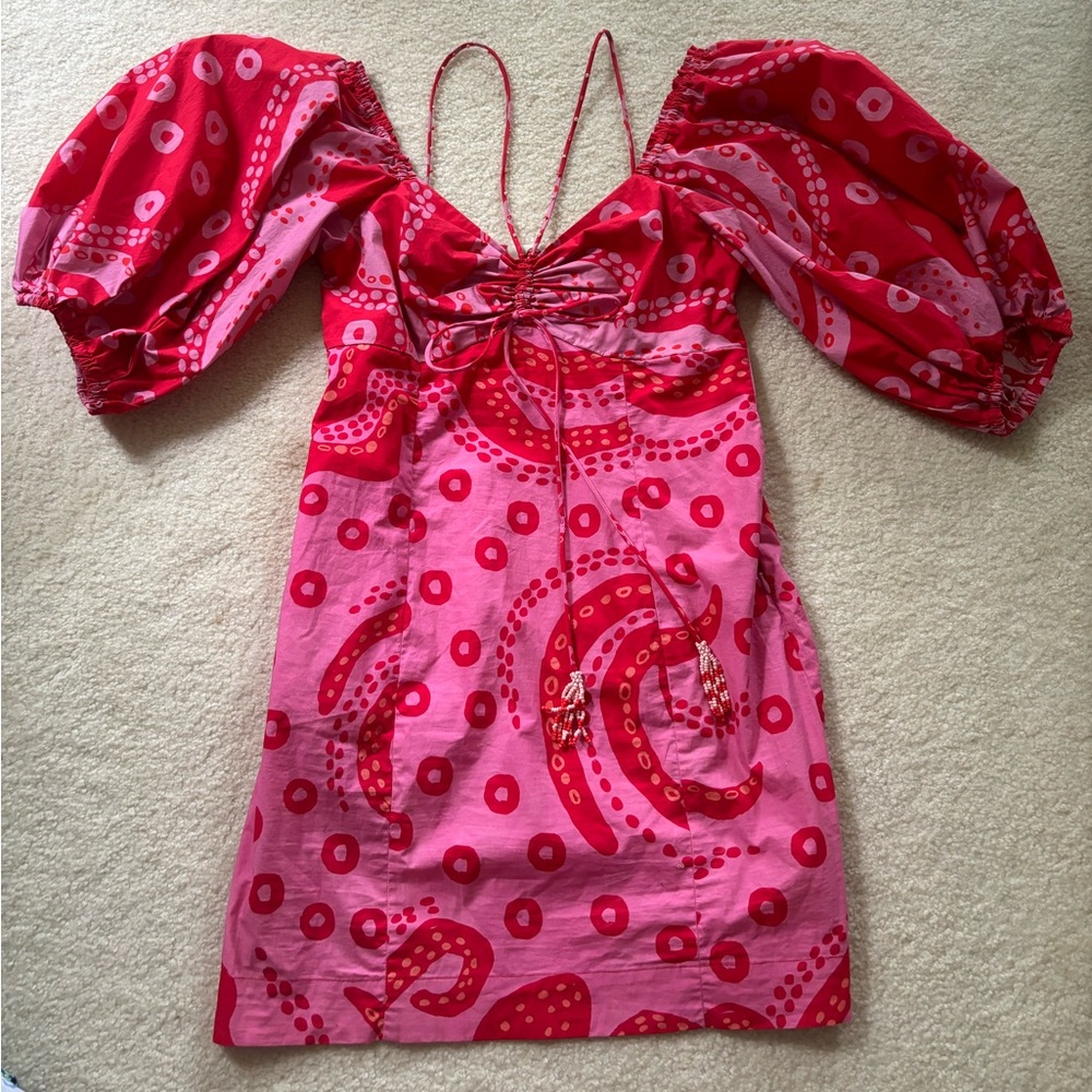 Farm Rio Pink/Red Octopus Puff sleeve mini dress